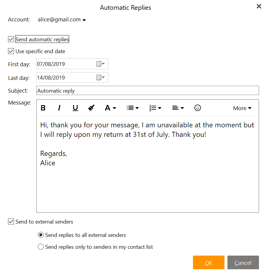 Automatic Replies And Out Of Office In Em Client Em Client